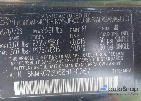 2008 Hyundai Santa Fe Gls from USA, damaged, VIN 5NMSG73D68H190667